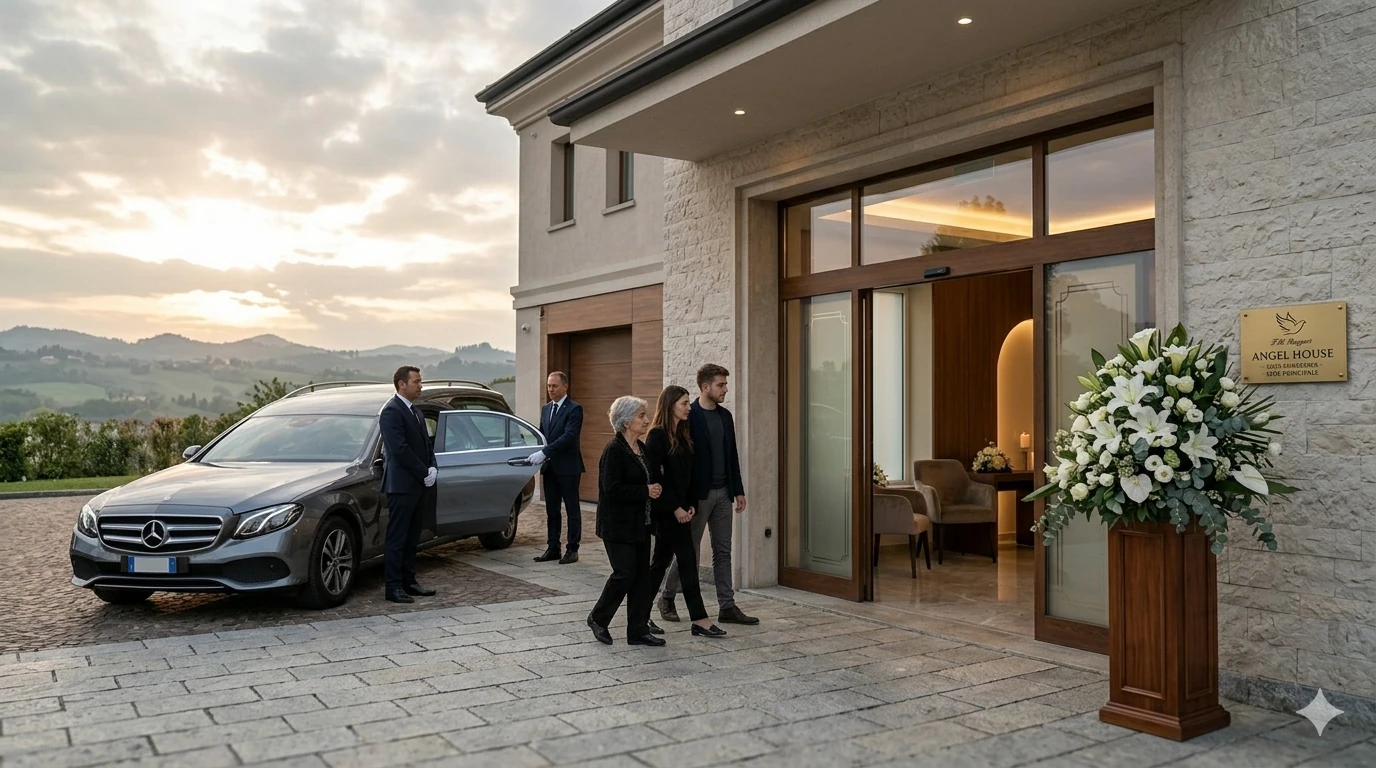 Ingresso Casa Funeraria Angel House F.lli Ruggeri a Castelli Calepio con personale qualificato e autofunebre Mercedes