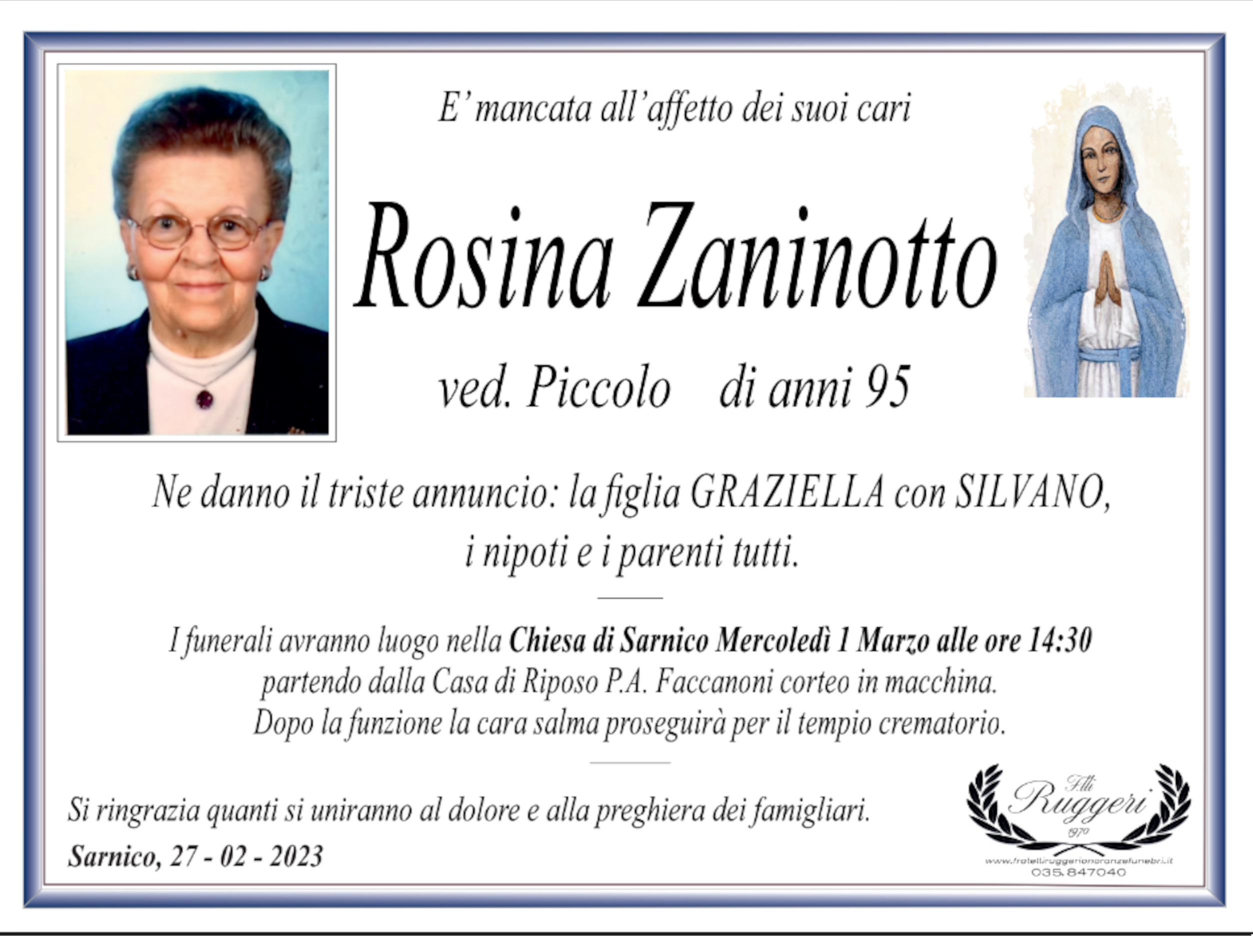 Rosina Zaninotto - Condoglianze Online F.lli Ruggeri