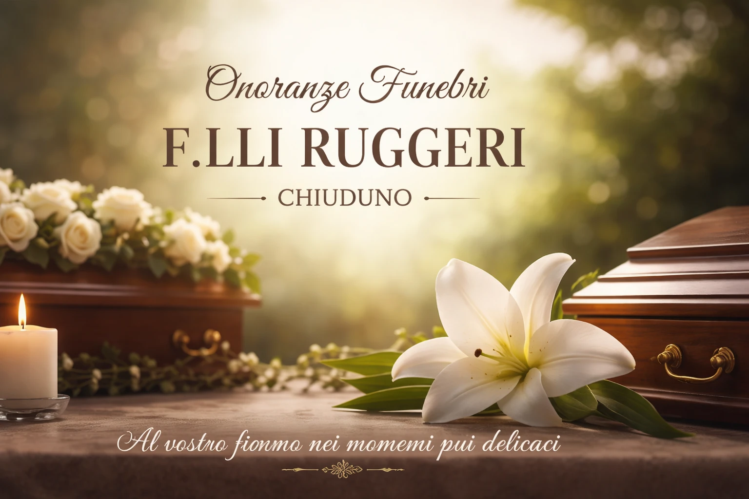 Onoranze funebri Fratelli Ruggeri a Chiuduno con composizione floreale e cofano funebre in ambiente elegante e rispettoso