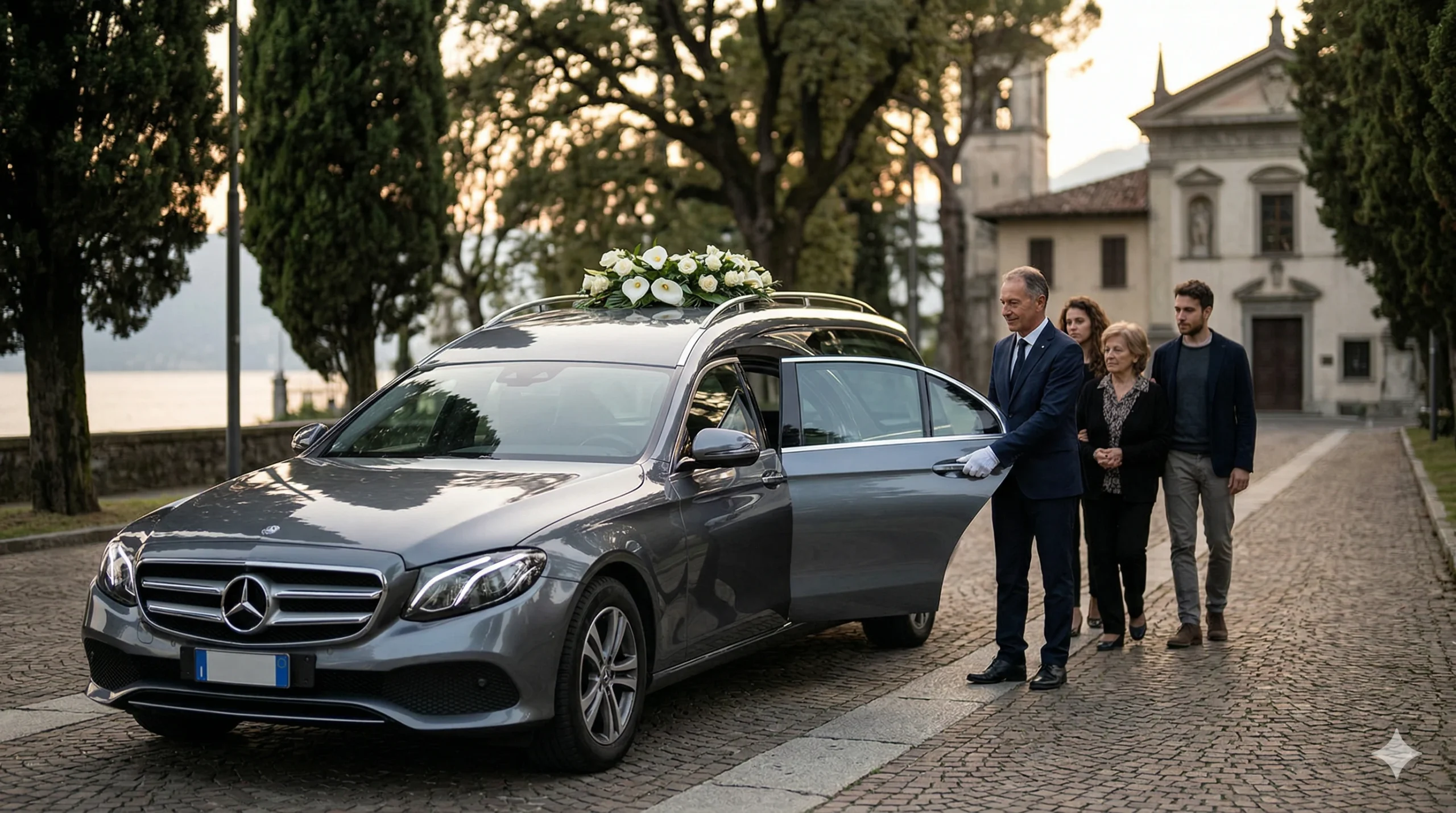 L'immagine mostra una delle vostre eleganti autofunebri scure (un Mercedes-Benz grigio scuro lucido), parcheggiata in una posizione di sosta dignitosa e decorosa.