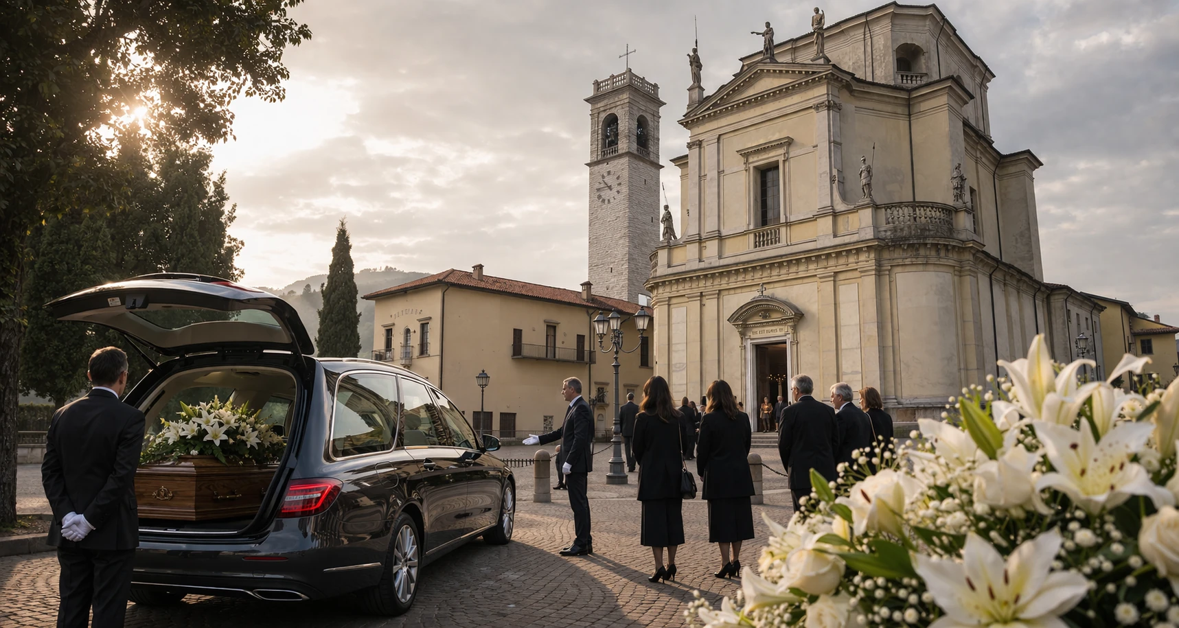 Servizio funebre a Telgate – Onoranze Funebri Fratelli Ruggeri Autofunebre moderna davanti alla Chiesa di San Giovanni Battista a Telgate con personale in guanti bianchi e composizioni di gigli bianchi – Onoranze Funebri Fratelli Ruggeri