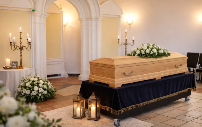 Allestimento camera ardente con bara in legno naturale chiaro per cremazione, ambiente elegante con candele e fiori