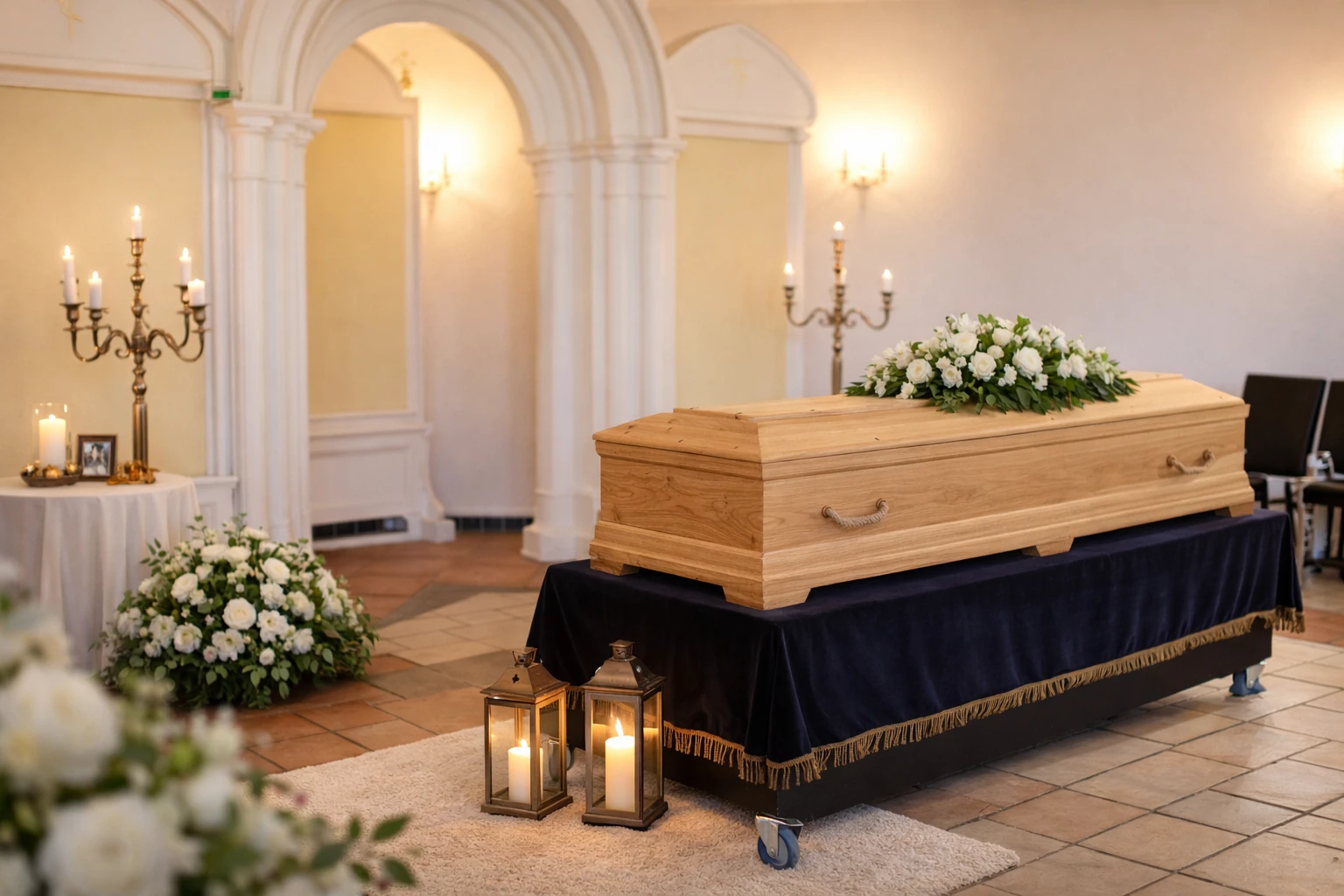 Allestimento camera ardente con bara in legno naturale chiaro per cremazione, ambiente elegante con candele e fiori