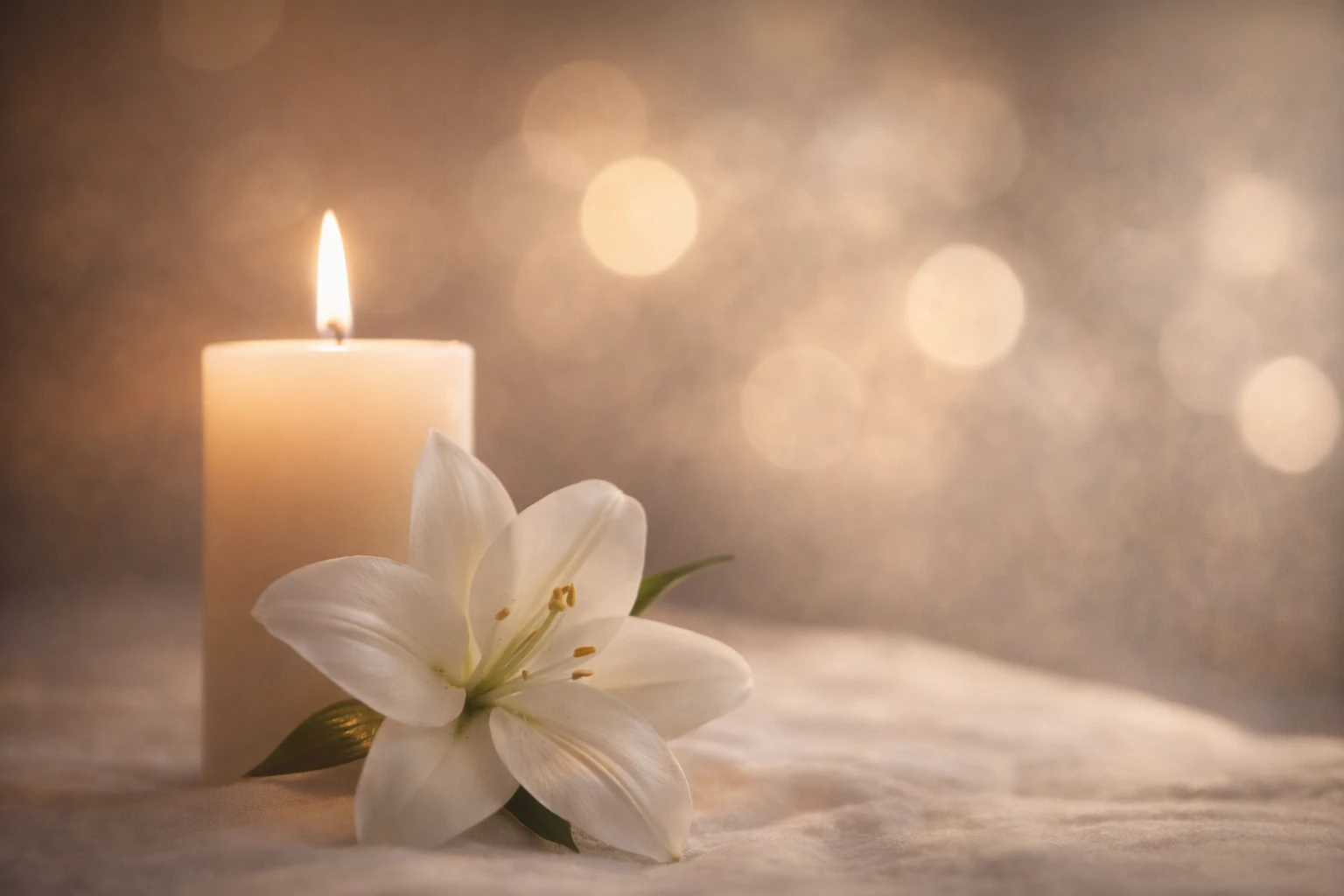 Candela accesa con fiore bianco simbolo di raccoglimento e serenità nel momento del commiato e della cremazione