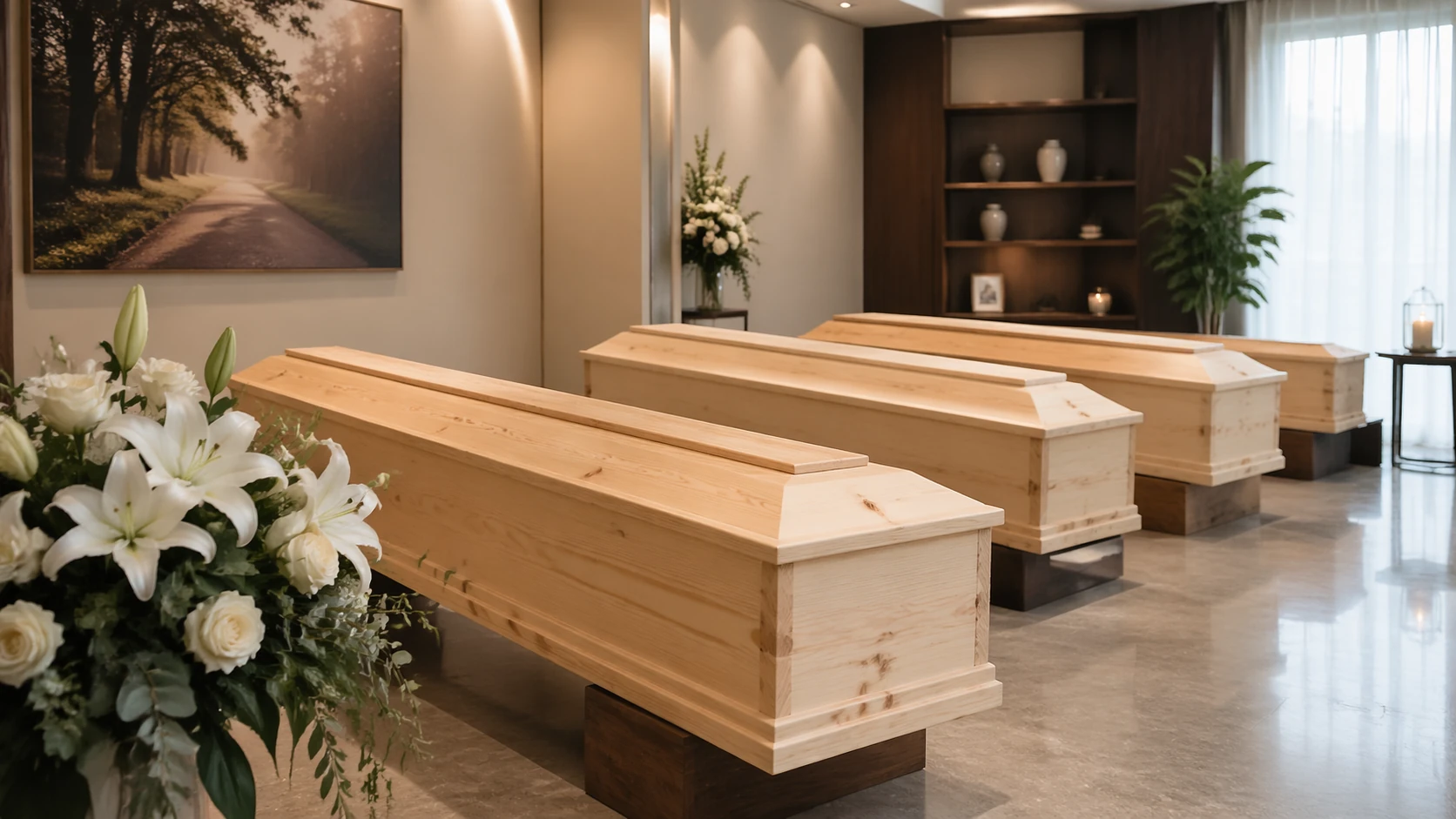 Esposizione professionale di cofani funebri F.lli Ruggeri a Bergamo. Selezione di bare in pino, rovere e mogano su supporti minimalisti in ambiente dignitoso e curato.