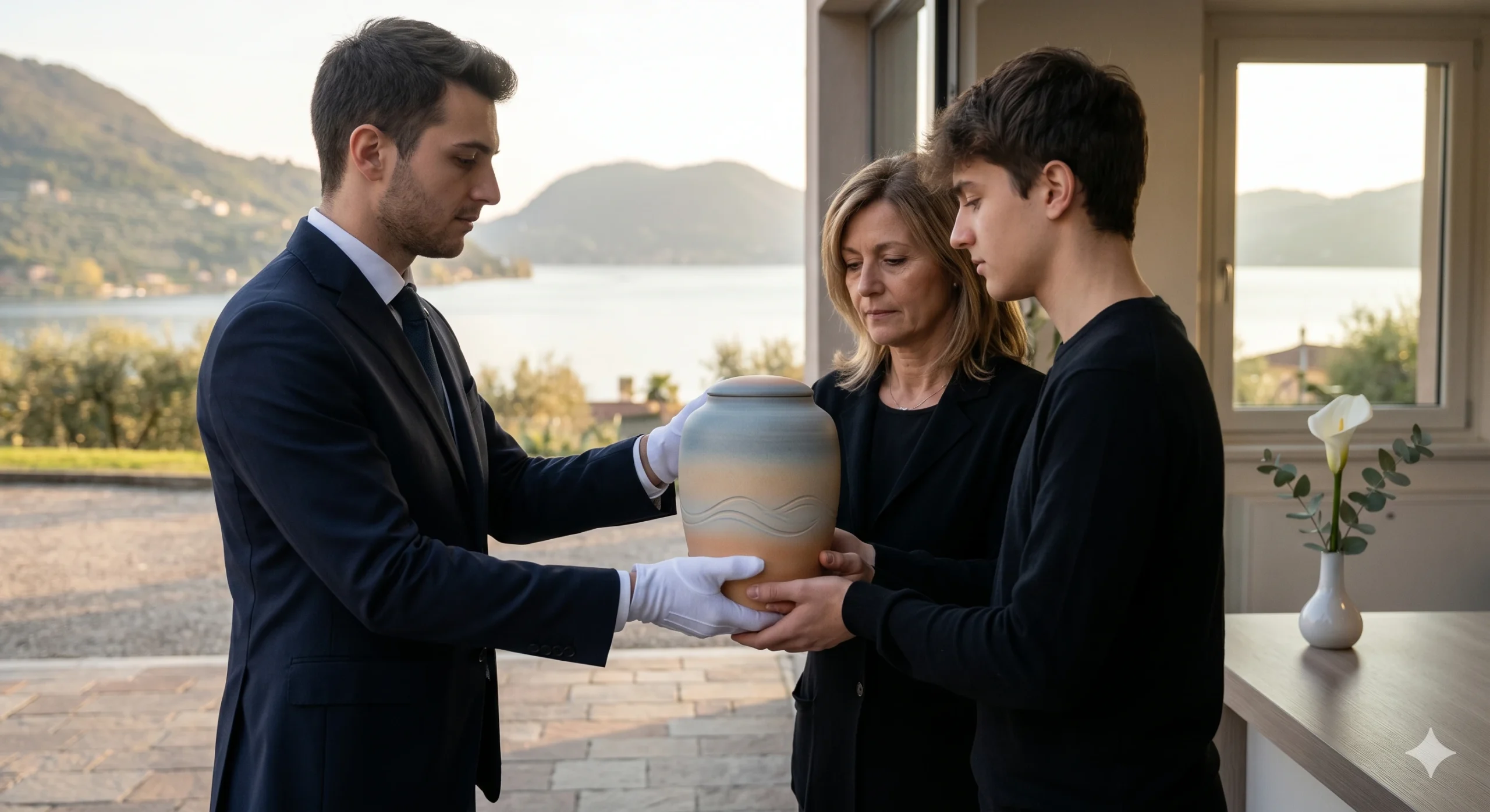 Consegna urna cineraria in ceramica F.lli Ruggeri con vista Lago d'Iseo e Bergamo