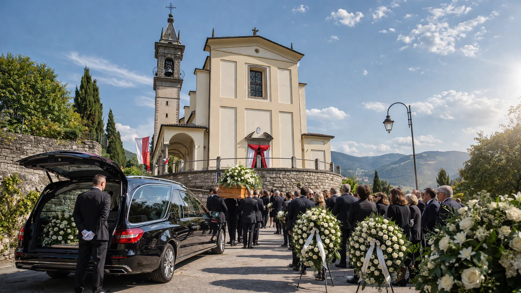 Funerale davanti alla chiesa di Foresto Sparso con autofunebre, necrofori in guanti bianchi e composizioni floreali – Onoranze Funebri Fratelli Ruggeri