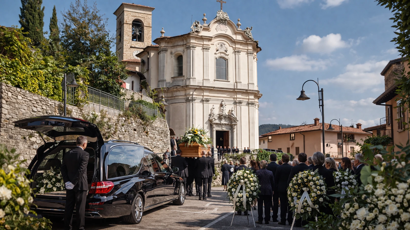 Funerale davanti alla chiesa di Gandosso con autofunebre, necrofori in guanti bianchi e composizioni floreali – Onoranze Funebri Fratelli Ruggeri