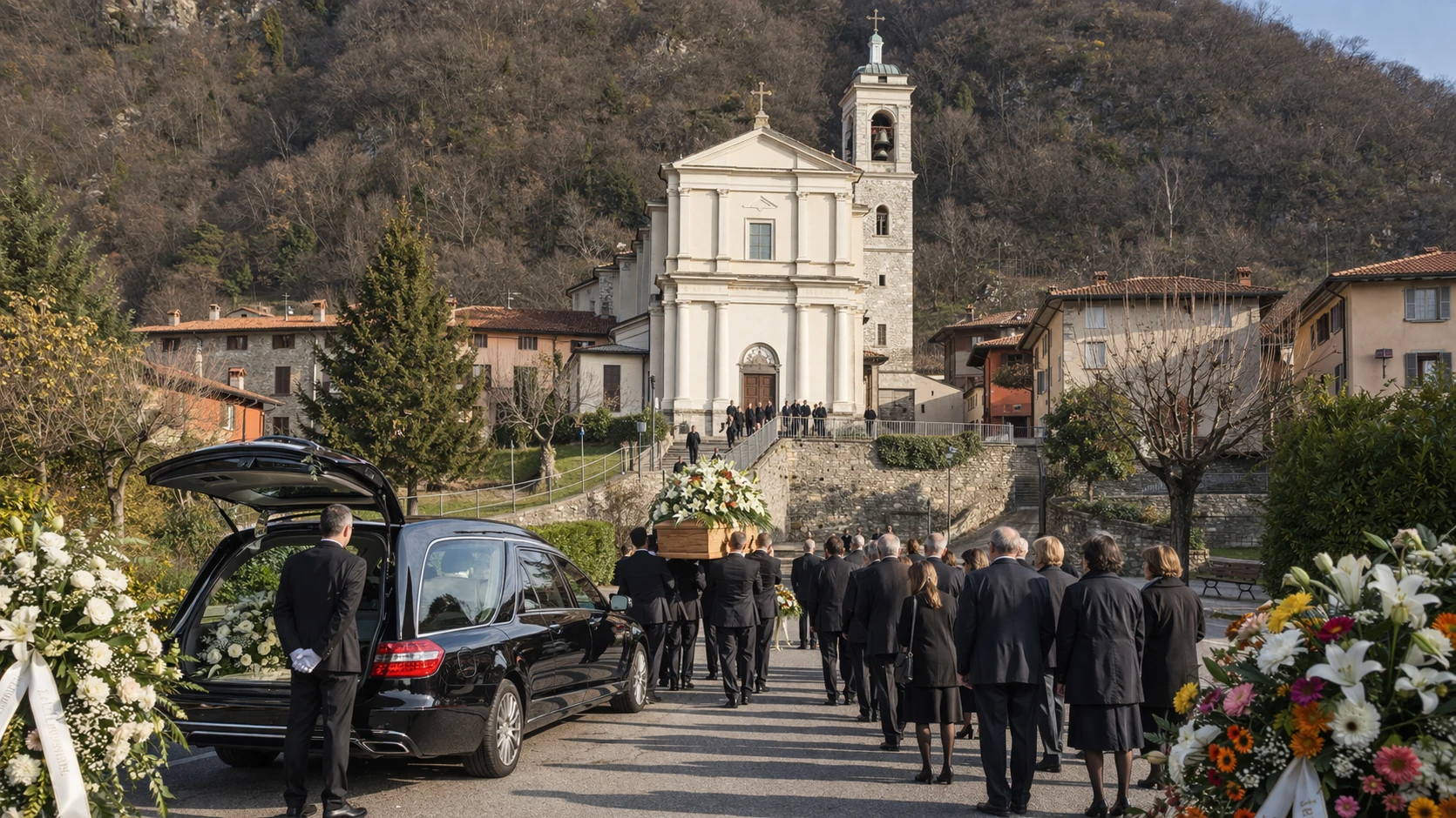Funerale davanti alla chiesa di Parzanica con autofunebre, necrofori in guanti bianchi e composizioni floreali – Onoranze Funebri Fratelli Ruggeri