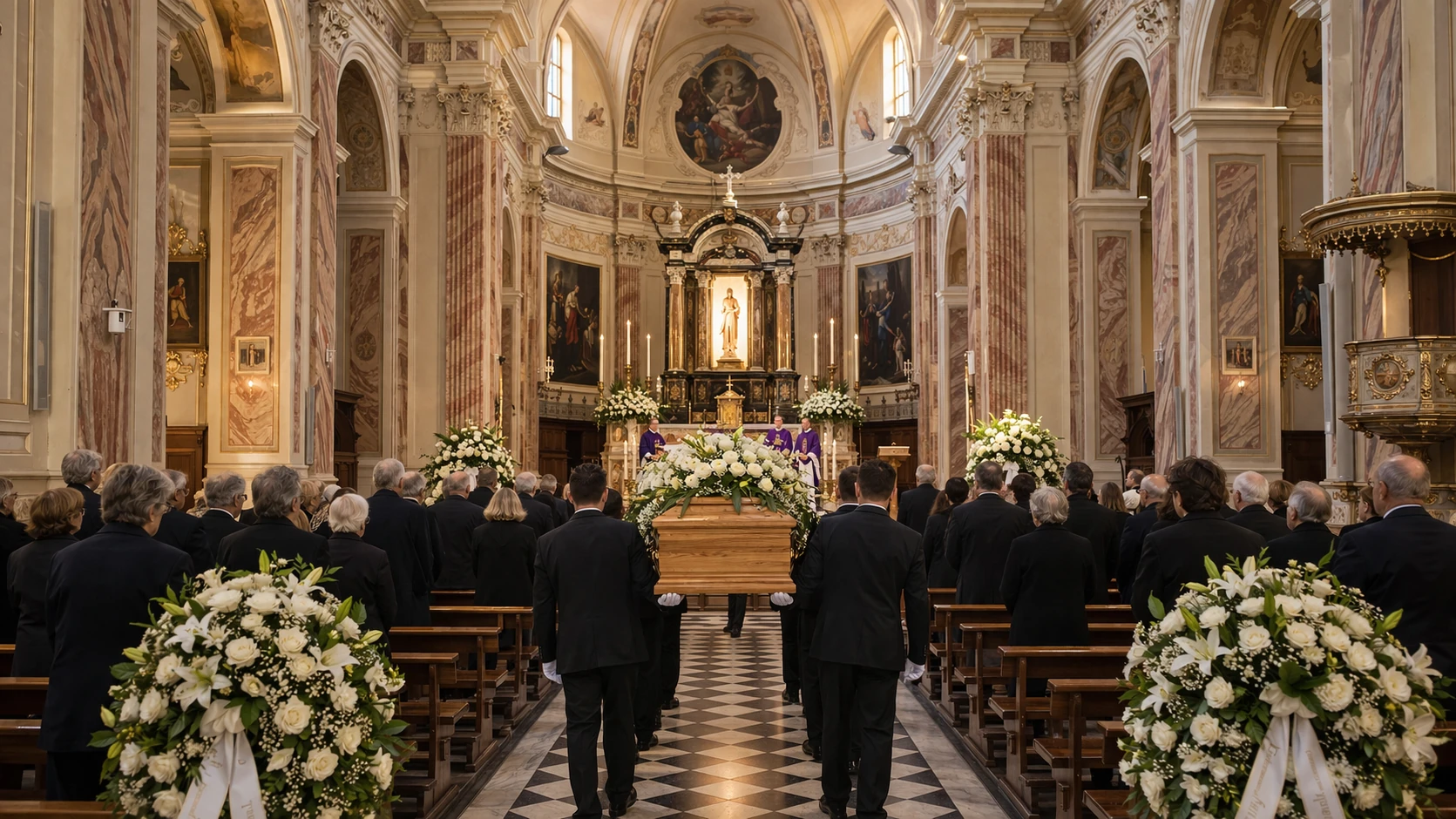 Funerale nella chiesa di Predore con necrofori in guanti bianchi, bara e composizioni floreali – Onoranze Funebri Fratelli Ruggeri