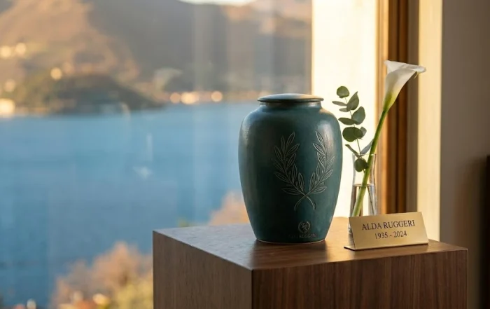 Urna cineraria di design con vista sul Lago d'Iseo, servizio cremazione F.lli Ruggeri Bergamo e Brescia
