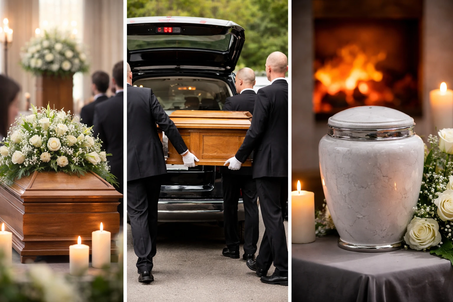 Fasi del funerale con cremazione: commiato con feretro, trasporto verso crematorio e urna cineraria finale