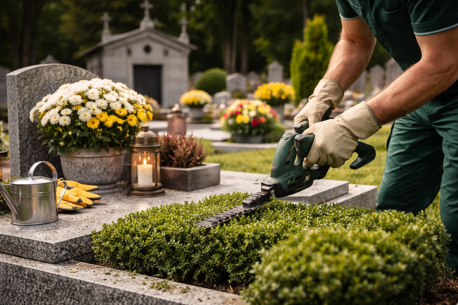 operatore impegnato nella manutenzione di tombe e cappelle nel cimitero di Castelli Calepio