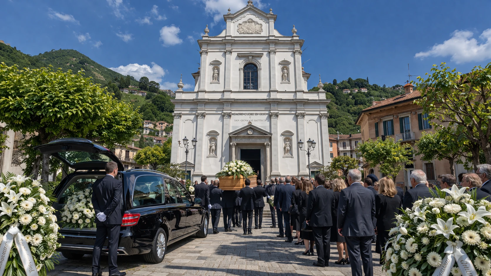 Funerale davanti alla chiesa di Predore con auto-funebre, necrofori in guanti bianchi e composizioni floreali – Onoranze Funebri Fratelli Ruggeri