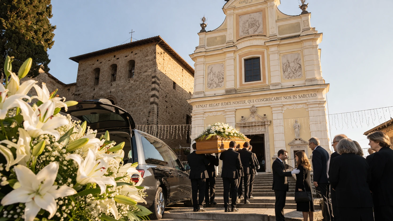 Funerale davanti alla Parrocchia San Pietro Apostolo a Bolgare con necrofori che trasportano la bara, autofunebre e fiori bianchi – Onoranze Funebri Fratelli Ruggeri
