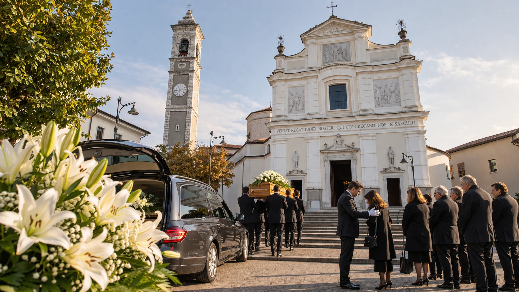 Funerale davanti alla Chiesa di San Giorgio a Capriolo con necrofori in guanti bianchi che trasportano la bara, autofunebre e fiori bianchi – Onoranze Funebri Fratelli Ruggeri