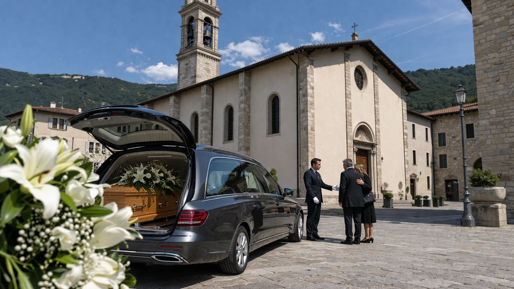Autofunebre moderna davanti alla chiesa di Castelli Calepio con bara, gigli bianchi e personale necroforo – Onoranze Funebri Fratelli Ruggeri