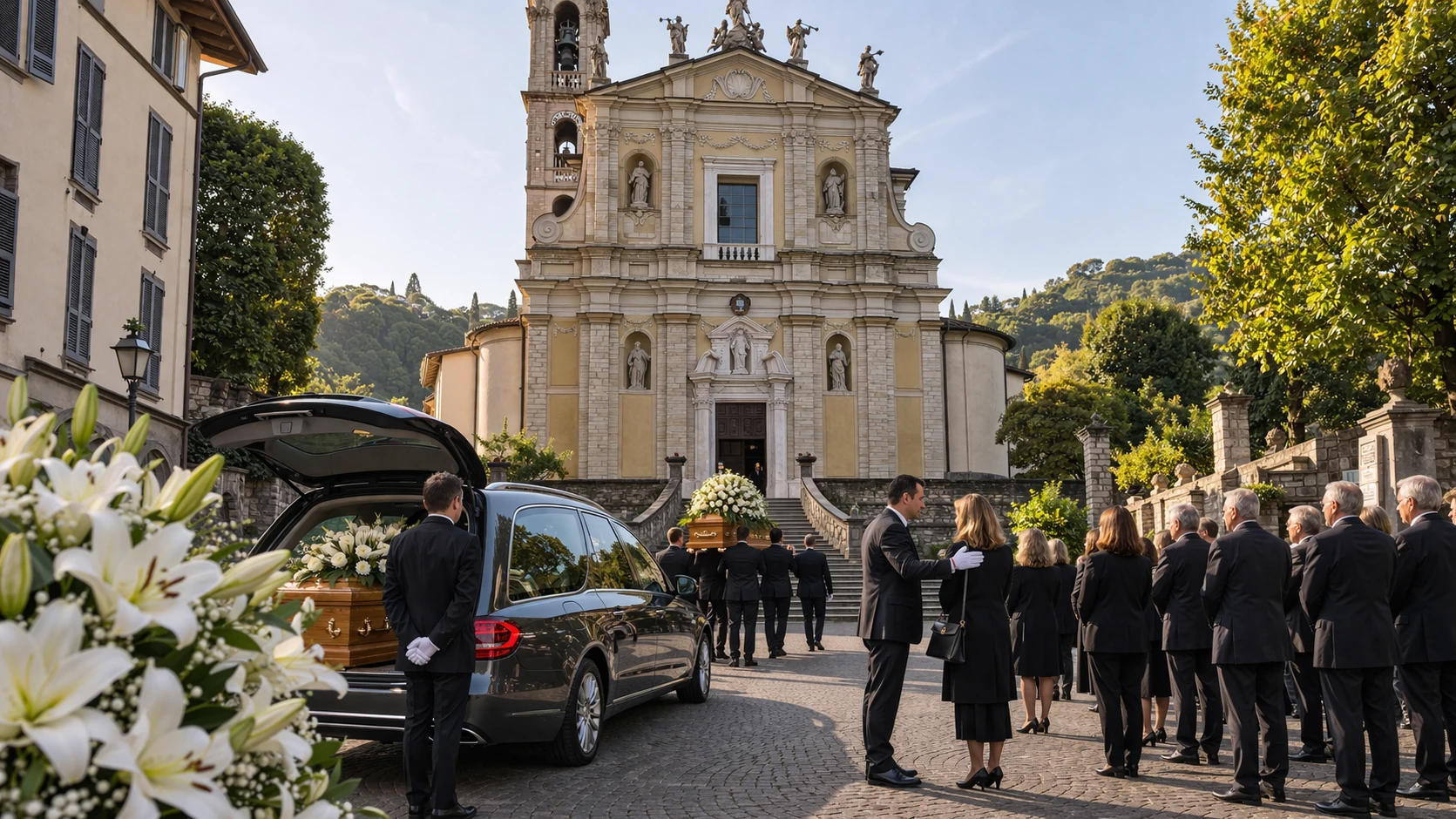 Funerale davanti alla Chiesa di Santa Maria Assunta a Chiuduno con autofunebre moderna, necrofori in guanti bianchi e fiori bianchi – Onoranze Funebri Fratelli Ruggeri