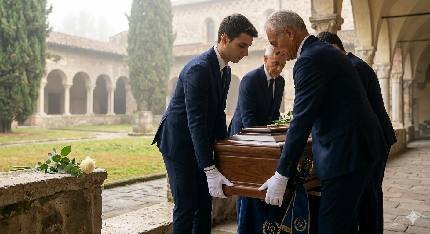 Staff F.lli Ruggeri in guanti bianchi abbassa feretro durante funerale a Corte Franca, Franciacorta (BS). Vicino a antica abbazia.