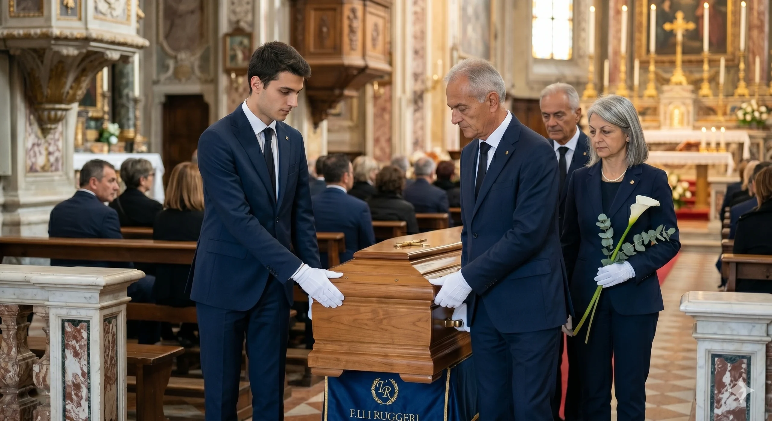 Servizio funebre F.lli Ruggeri a Palazzolo sull'Oglio con necrofori in guanti bianchi e composizioni floreali di gigli