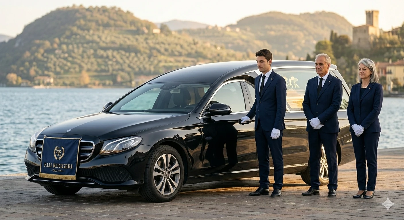 Staff F.lli Ruggeri con autofunebre Mercedes e vista Lago d'Iseo a Paratico, Franciacorta e Sebino dal 1970