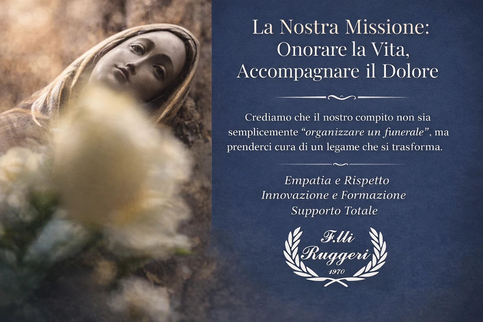Statua della Madonna in contesto funerario, simbolo di raccoglimento, fede e conforto durante il momento del commiato