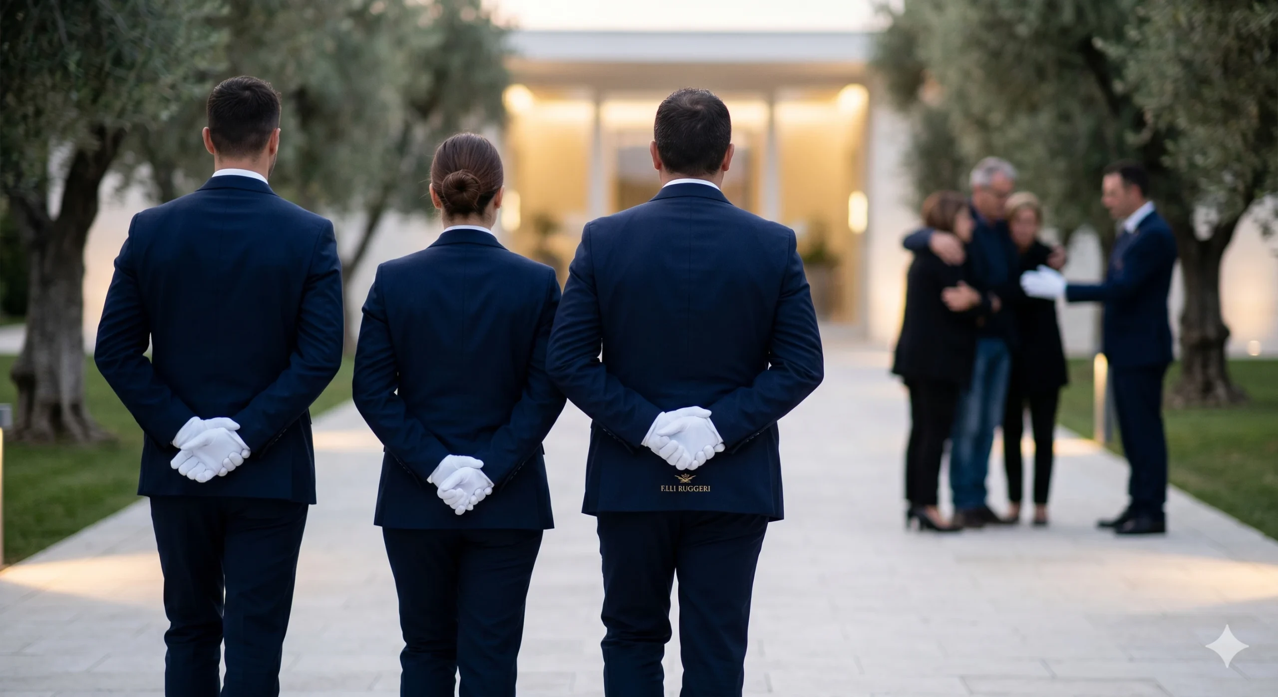 Team di Onoranze Funebri F.lli Ruggeri unito e professionale - Dettaglio guanti bianchi e divisa cerimoniale