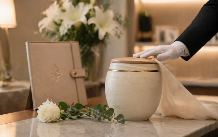 Urna cineraria elegante con mano guantata e documenti per pratiche di cremazione in ambiente funebre curato